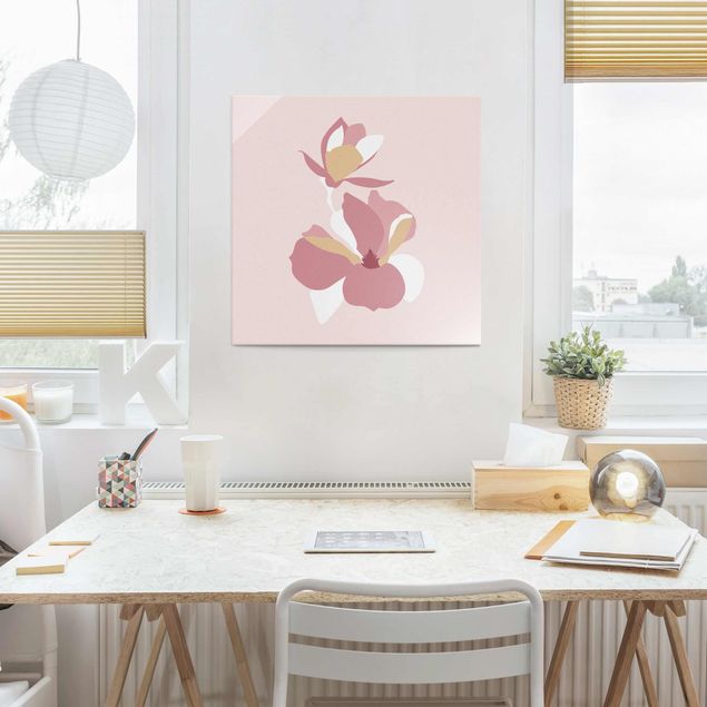 Glas Magnettafel Line Art Flowers Pastel Pink