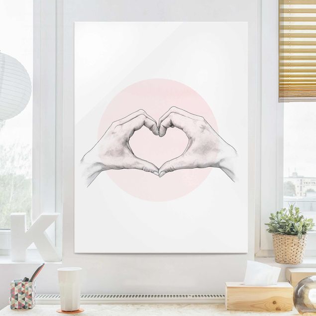 Glass print - Illustration Heart Hands Circle Pink White