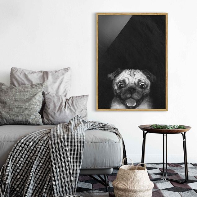 Framed poster - Illustration Dog Pug Painting On Black And White