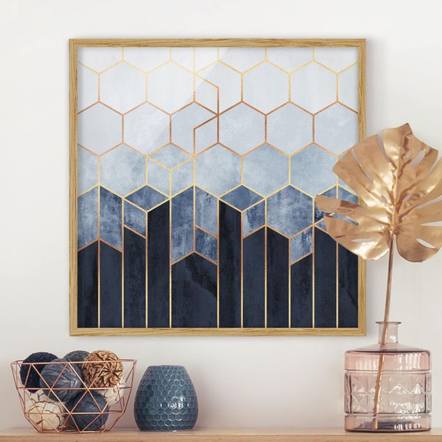 Framed poster - Golden Hexagons Blue White
