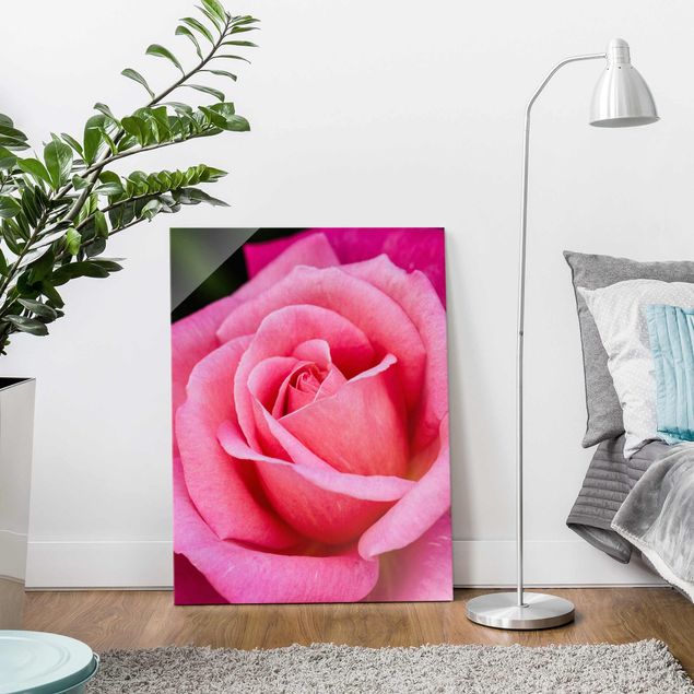 Glass print - Pink Rose Flowers Green Backdrop