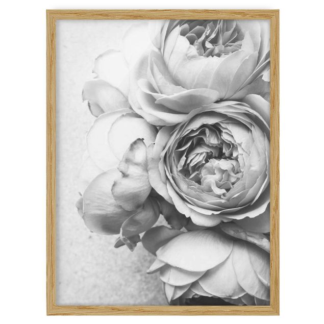 Framed poster - Peony Flowers Black White