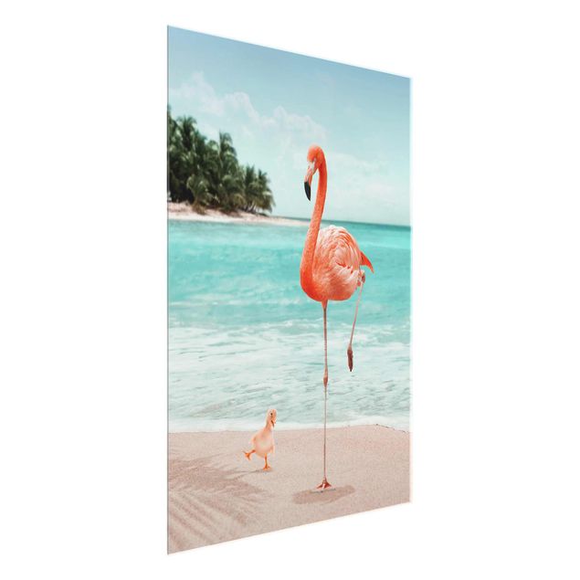 Glass print - Beach With Flamingo