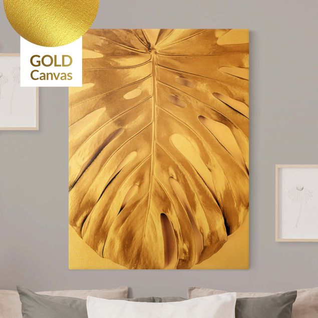 Canvas print gold - Golden Monstera Leaves On Pink