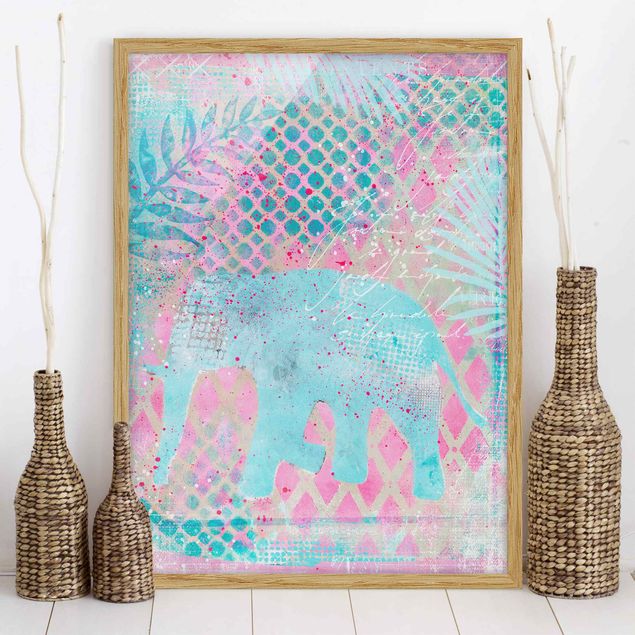 Framed poster - Colourful Collage - Elephant In Blue And Pink