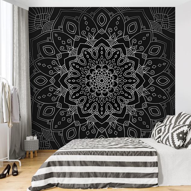 Wallpapers Mandala Flower Pattern Silver Black