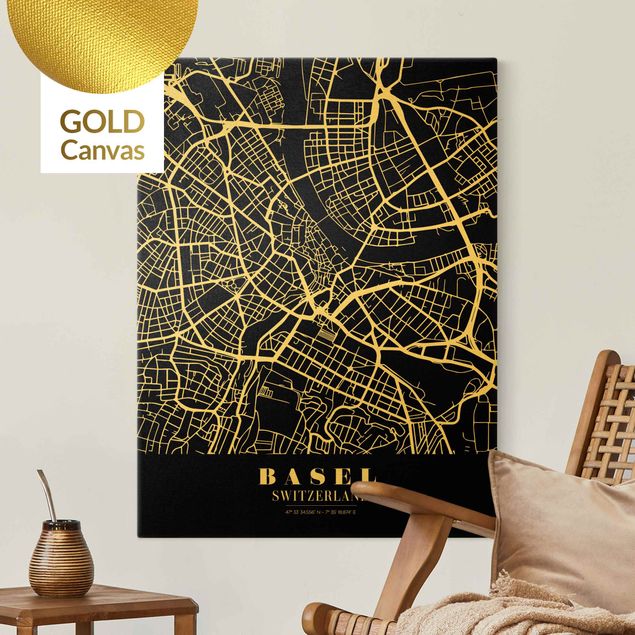 Canvas print gold - Basel City Map - Classic Black