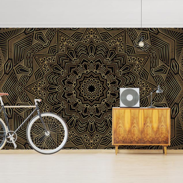 Wallpaper - Mandala Star Pattern Gold Black