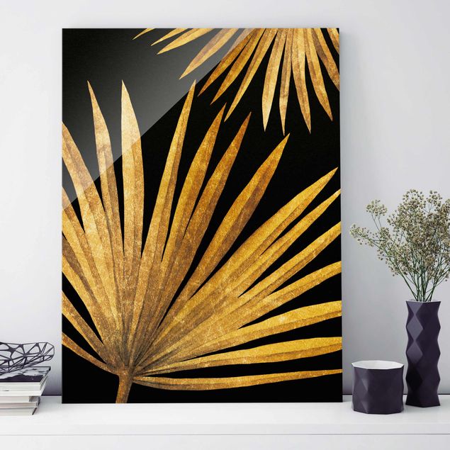 Glass print - Gold - Palm Leaf On Black