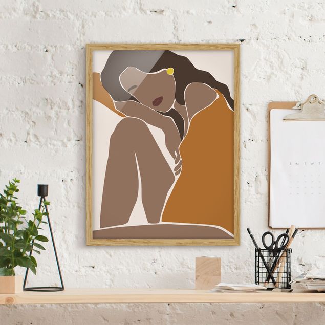 Framed poster - Line Art Woman Brown Beige