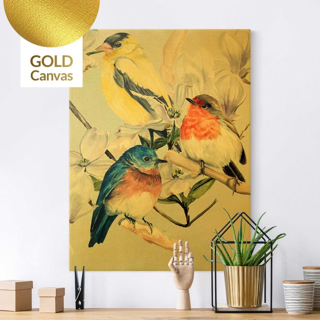 Canvas print gold - Clolourful Birds On The Branch Of A Magnolia II