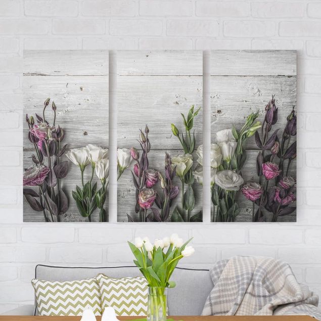 Print on canvas 3 parts - Tulip Rose Shabby Wood Look