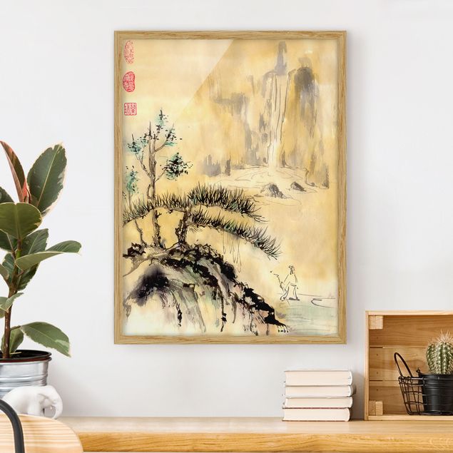 Framed poster - Japanese Watercolour Drawing Cedars And Mountains