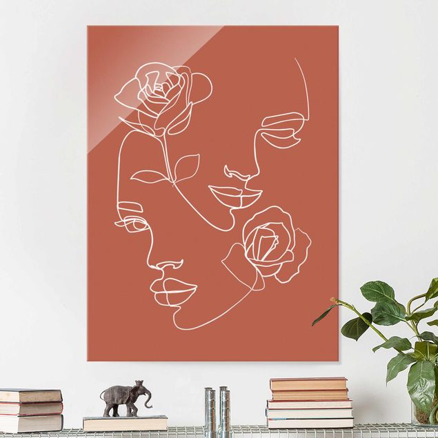 Glass print - Line Art Faces Women Roses Copper