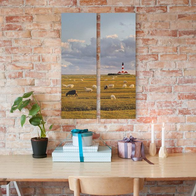 Print on canvas 2 parts - North Sea Lighthouse With Flock Of Sheep