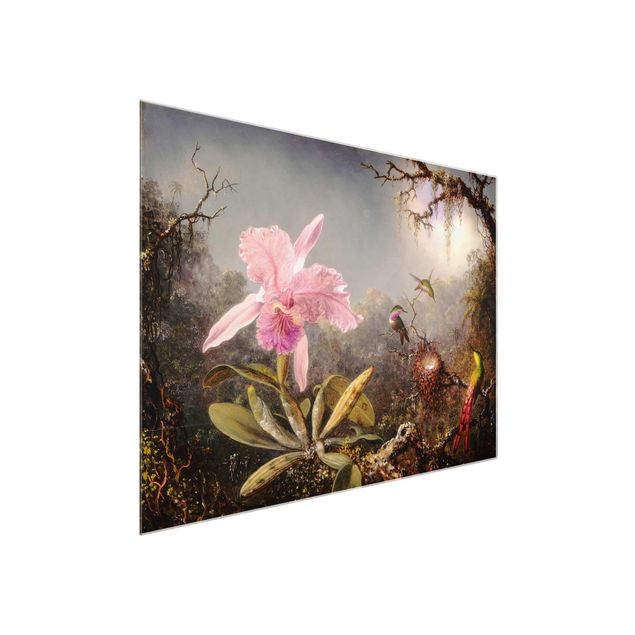 Glass print - Martin Johnson Heade - Orchid And Three Hummingbirds