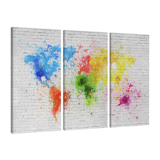 Print on canvas 3 parts - White Brick Wall World Map