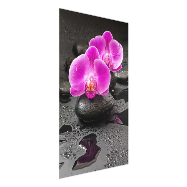 Glass print - Pink Orchid Flower On Stones With Drops