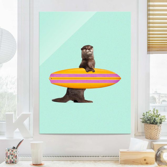 Glass print - Otter With Surfboard