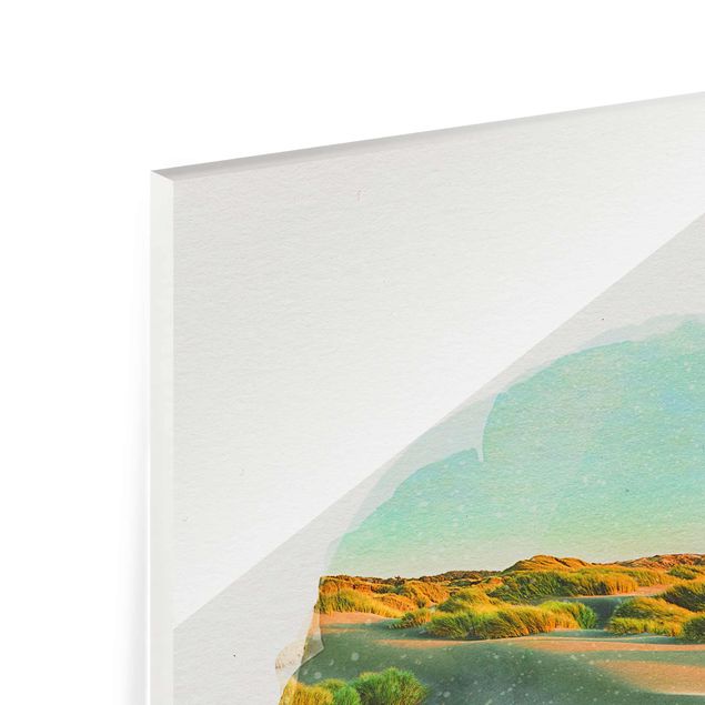 Glass print - WaterColours - Dunes And Grasses At The Sea
