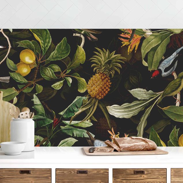 Kitchen wall cladding - Birds With Pineapple Green