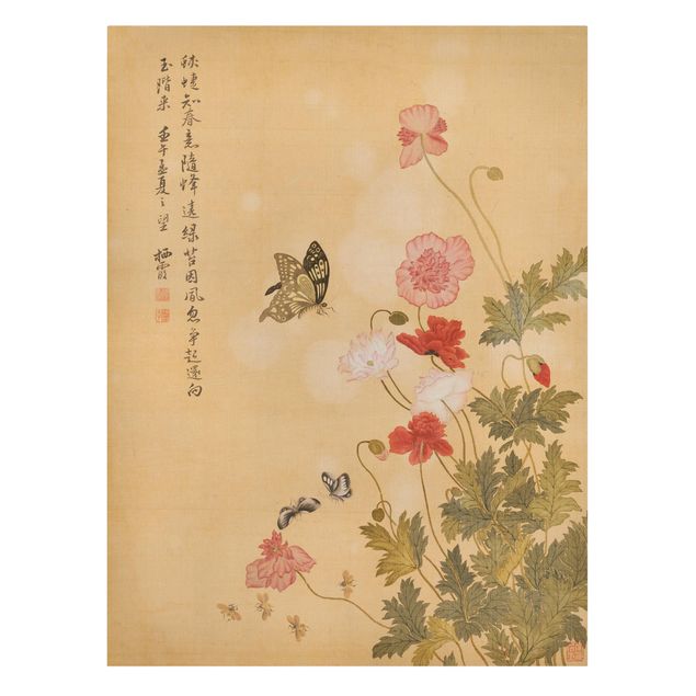 Print on canvas - Yuanyu Ma - Poppy Flower And Butterfly