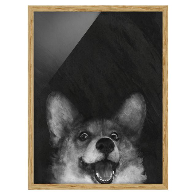 Framed poster - Illustration Dog Corgi Paintig Black And White