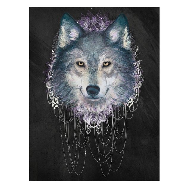 Canvas print - Illustration Wolf Boho Dream Catcher Black