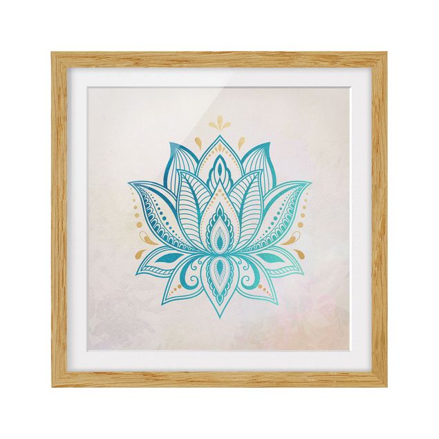 Framed poster - Lotus Illustration Mandala Gold Blue