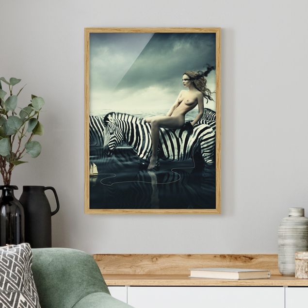 Framed poster - Woman Posing With Zebras