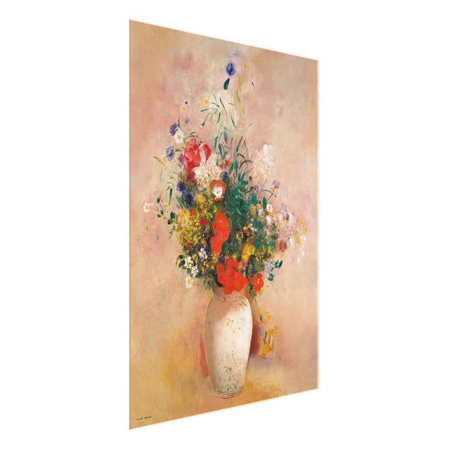 Glass print - Odilon Redon - Vase With Flowers (Rose-Colored Background)