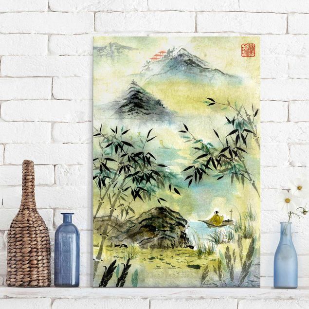 Glas Magnetboard Japanese Watercolour Drawing Bamboo Forest