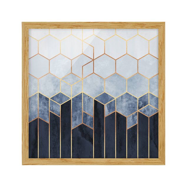 Framed poster - Golden Hexagons Blue White