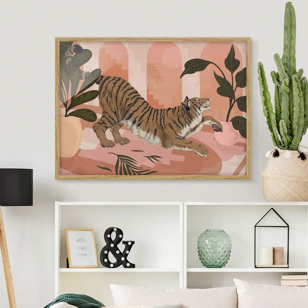Framed poster - Illustration Tiger In Pastel Pink Painting