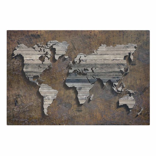 Print on canvas - Wooden Grid World Map
