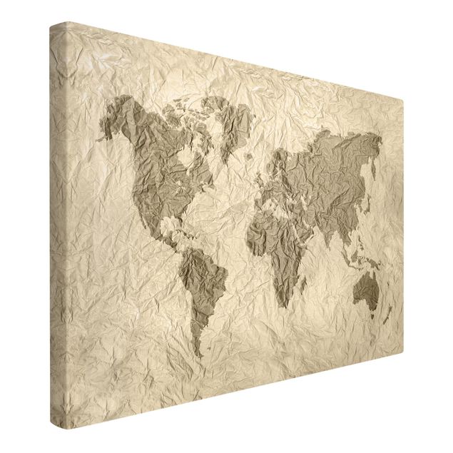Print on canvas - Paper World Map Beige Brown