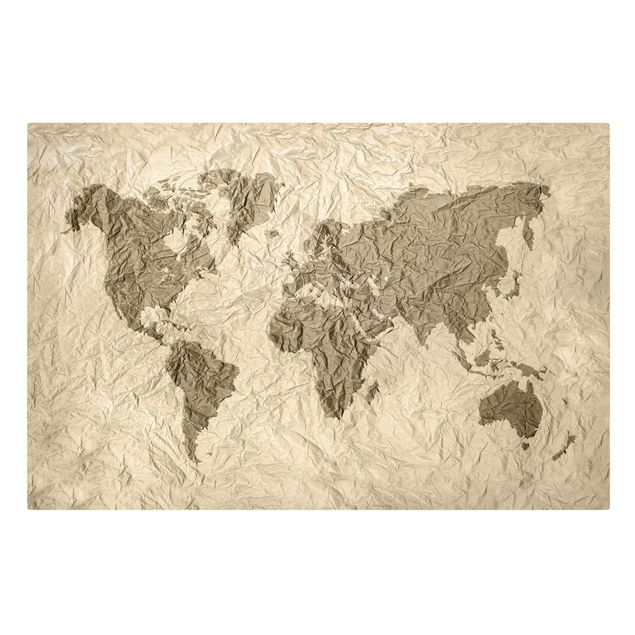Print on canvas - Paper World Map Beige Brown