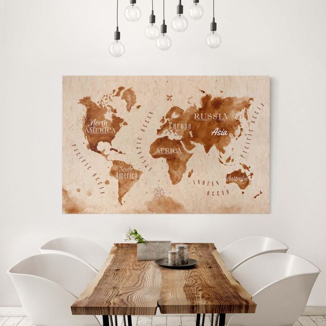 Print on canvas - World Map Watercolour Beige Brown