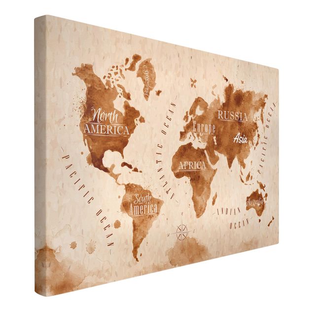 Print on canvas - World Map Watercolour Beige Brown