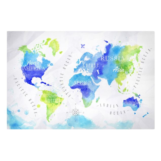 Print on canvas - World Map Watercolour Blue Green