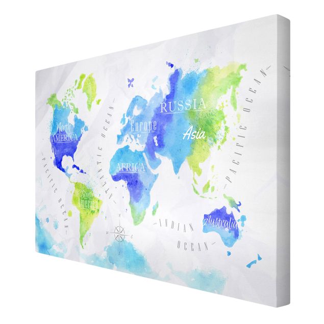 Print on canvas - World Map Watercolour Blue Green