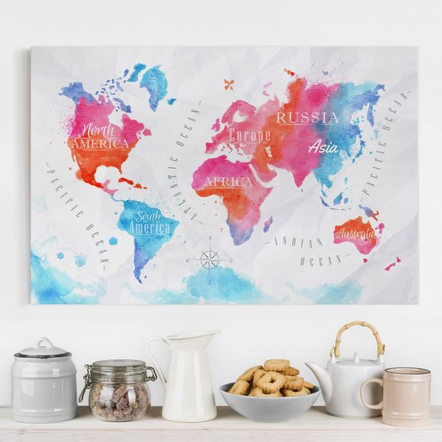 Print on canvas - World Map Watercolour Red Blue