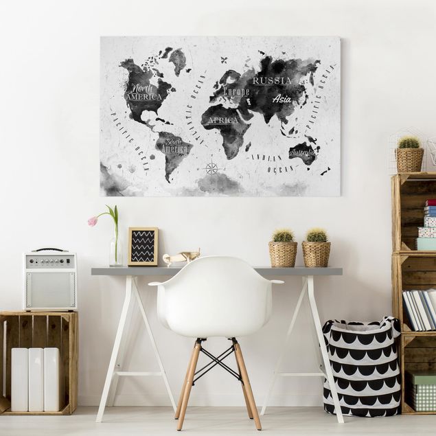 Print on canvas - World Map Watercolour Black