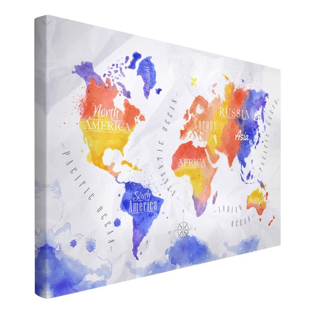 Print on canvas - World Map Watercolour Purple Red Yellow
