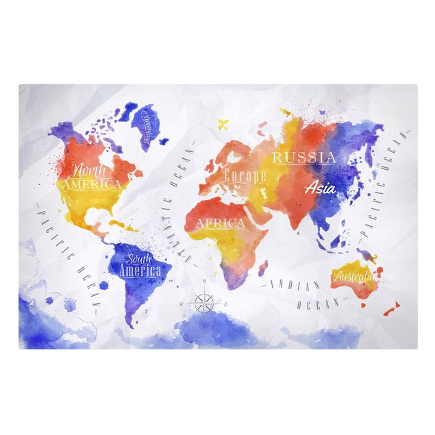 Print on canvas - World Map Watercolour Purple Red Yellow