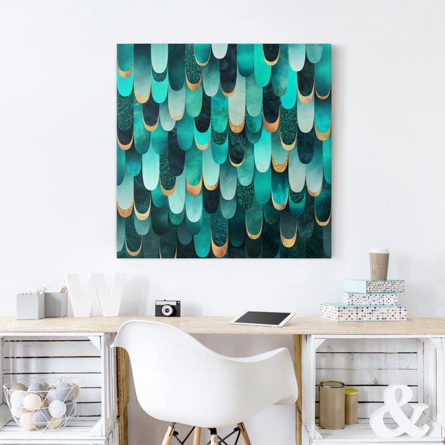 Canvas print - Feathers Gold Turquoise