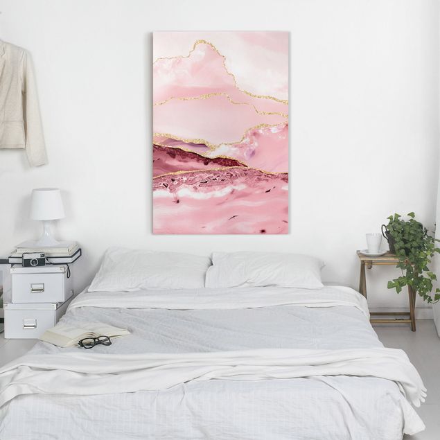 Print on canvas - Abstract Mountains Pink With Golden Lines