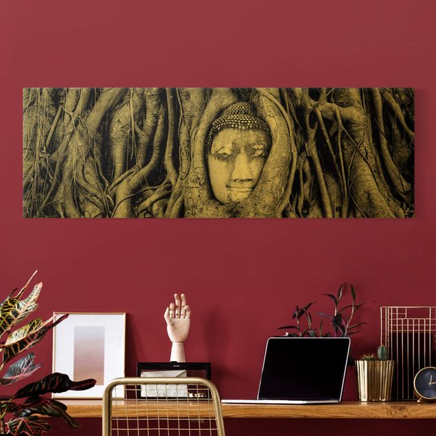 Canvas print gold - Buddha in Ayuttaya Framed By Tree Roots In Black And White