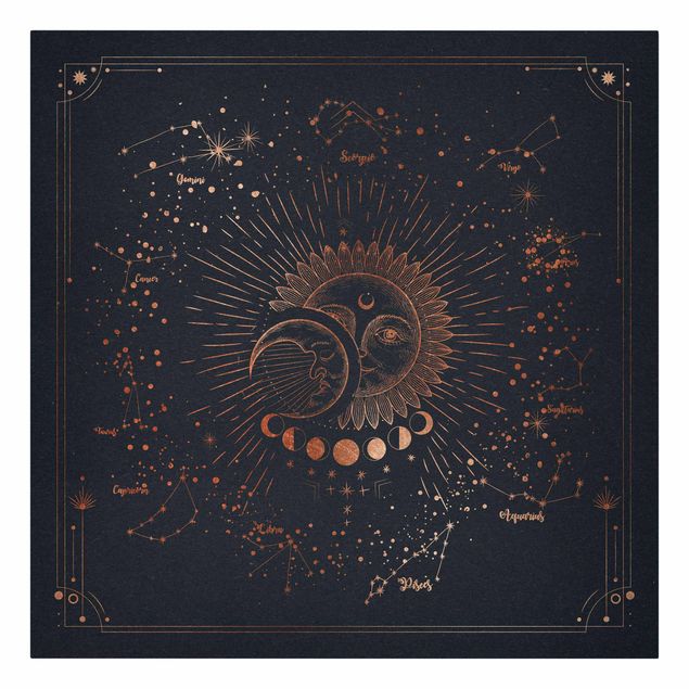Print on canvas - Astrology Sun Moon And Stars Blue Gold