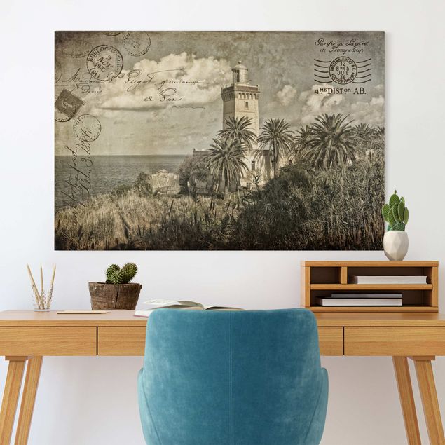 Print on canvas - Lighthouse And Palm Trees - Vintage Postcard